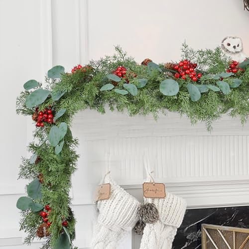 Lvydec Christmas 6Ft Pine Christmas Garland, Realistic Artificial Faux Greenery Garland with Pine Cone,Berry and Eucalyptus Leaves Cypress Garland for Mantle Holiday Fireplace Winter Christmas Decor - Image 1
