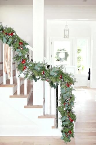 Lvydec Christmas 6Ft Pine Christmas Garland, Realistic Artificial Faux Greenery Garland with Pine Cone,Berry and Eucalyptus Leaves Cypress Garland for Mantle Holiday Fireplace Winter Christmas Decor - Image 3