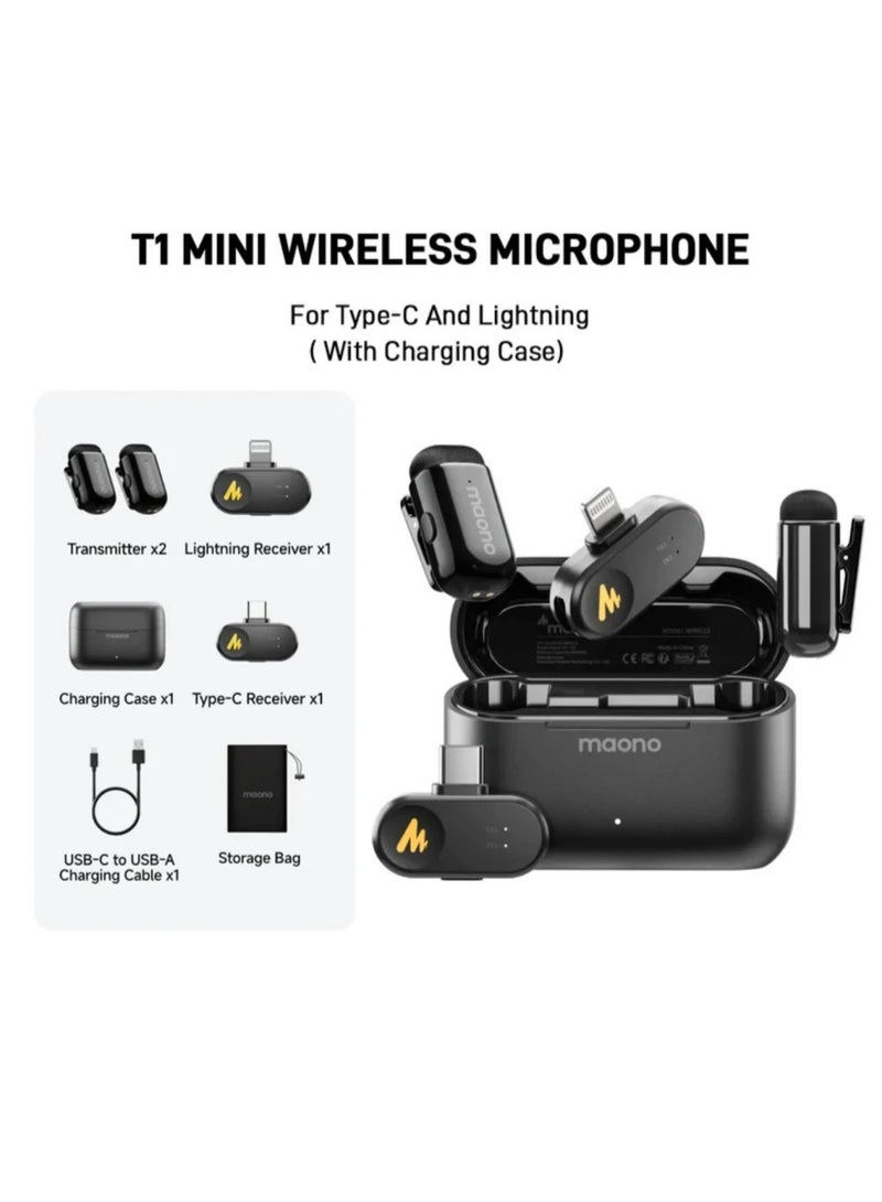 MAONO Wave T1 Mini Professional Wireless Lavalier Microphone | Dual Lightning & USB-C Receivers with AI Noise Cancellation and Charging Case Up to 30 Hours | Ideal for Content Creation, Vlogging, Interviews, Podcasting and Live Streaming - Image 2