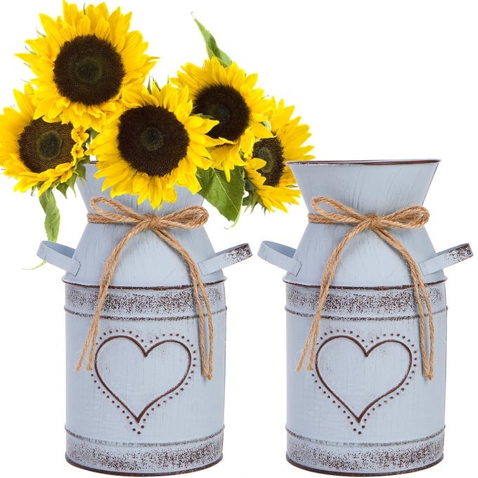 2 PCS METAL MILK CAN JUG 75 RUSTIC FLOWERS VASES VINTAGE GALVANIZED FARMHOUSE BUCKET FRENCH SHABBY CHIC DECOR FOR DRIED FLORAL ARRANGEMENTS HOME CHRISTMAS WEDDING TABLE CENTERPIECE