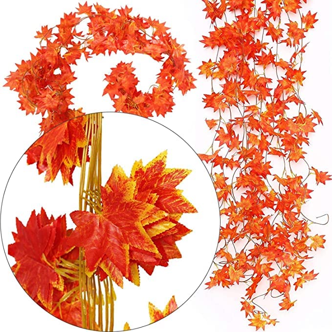 ARTSY® Artificial Hanging Flowers for Wall Decoration, Artificial Plants for Home Decor, Maple Plant Leaves for Decoration, Office Decor, Craft, Gifting, Pack of 6 Pieces, 7 feet Long Each, Orange - Image 4