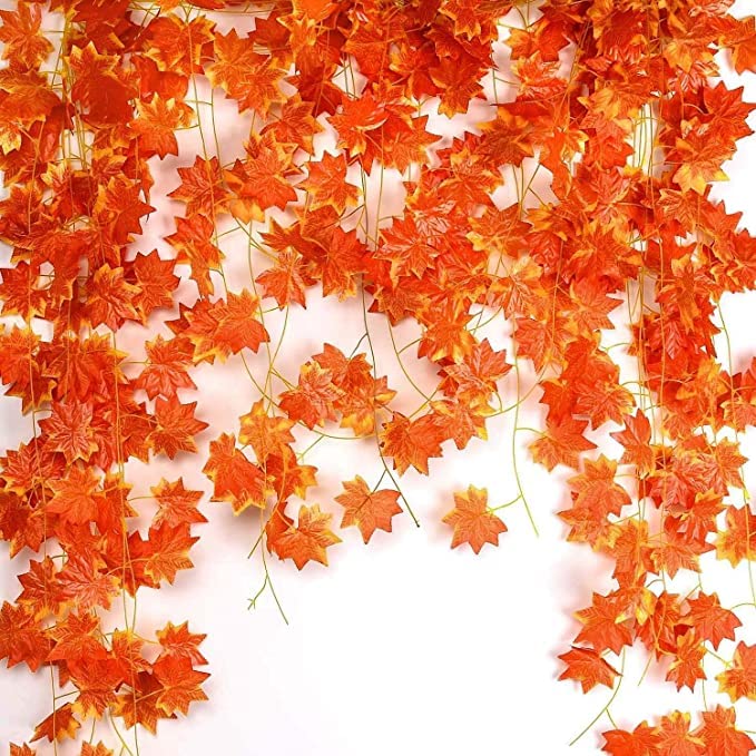 ARTSY® Artificial Hanging Flowers for Wall Decoration, Artificial Plants for Home Decor, Maple Plant Leaves for Decoration, Office Decor, Craft, Gifting, Pack of 6 Pieces, 7 feet Long Each, Orange - Image 1
