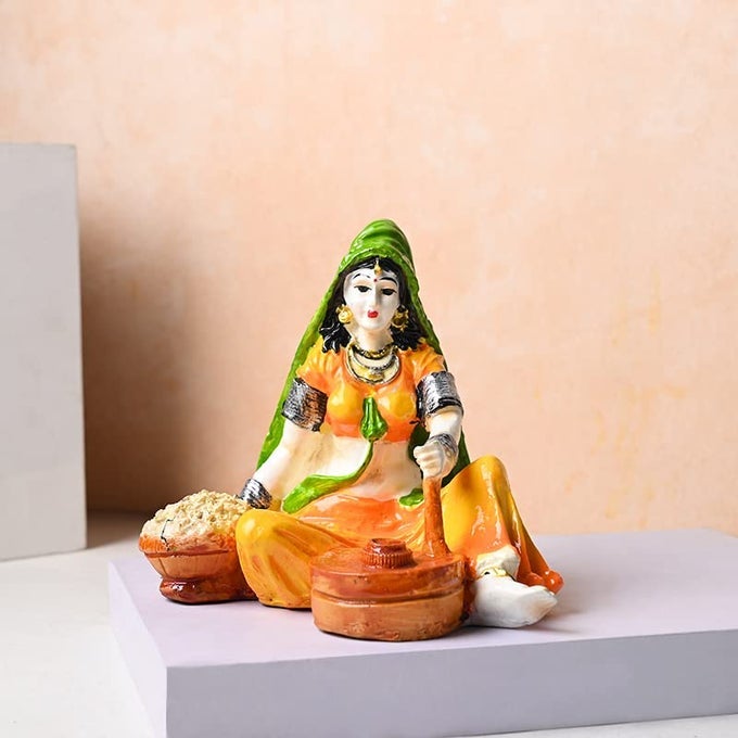 DECORATIVE GRAIN GRINDING RAJASTHANI WOMAN POLYRESIN SHOWPIECE FIGURINE IDOL FOR LIVING ROOM BEDROOM OFFICEHOME DECORATION