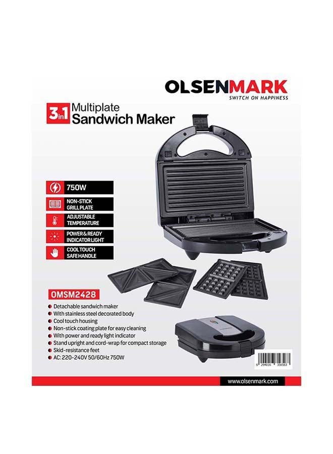 Olsenmark 3 In 1 Multiplate Sandwich Maker 2 Slices 750 W OMSM2428 Black/Silver - Image 5