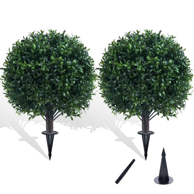 ARTIFICIAL BOXWOOD TOPIARY BALL BUSH FOR OUTDOOR WITH SPIKE UV RESISTANT FAUX BOXWOOD BALL TREE WITH STAKE FOR OUTSIDE SET OF 2 WEATHERPROOF ROUND FAKE SHRUBS FOR ENTRYWAY FRONT PORCH