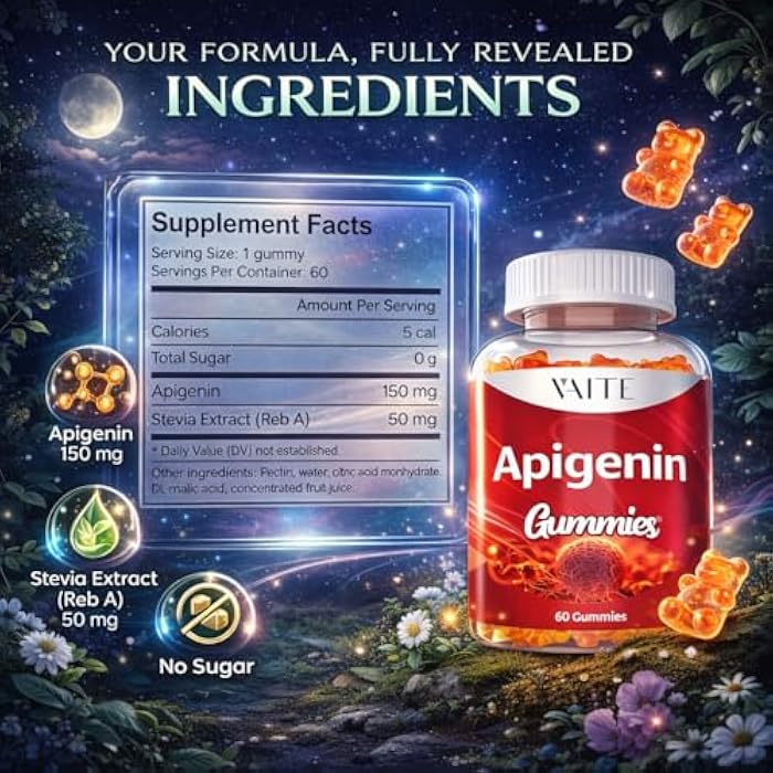 VAITE Apigenin Supplement 150mg - Chamomile Extract Vegan Gummies with Flavonoids, Bioflavonoids & Polyphenols - Plant-Based Relaxation Support - Liposomal Calm Formula - Non-GMO Herbal Mood Balance - Image 3