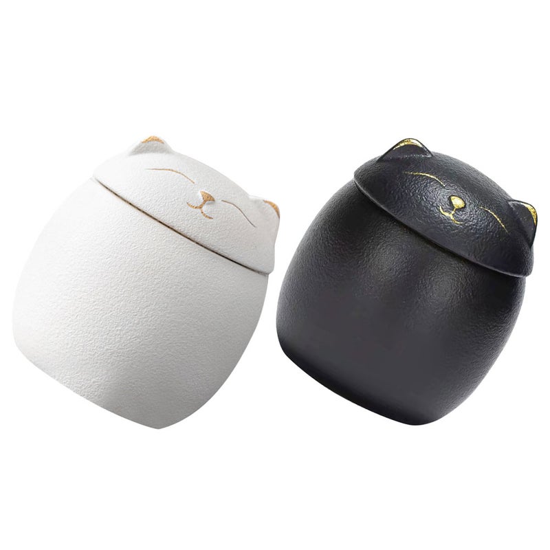 2pcs Small Cat Ceramic Tea Storage Jar With Airtight Seal Cute Cartoon Container For Loose Tea Coffee Sugar Home Office Cartoon Cute Candy Jar For Home Office - Image 2