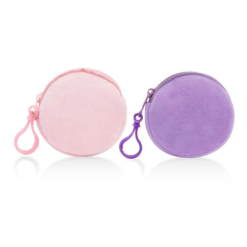 AdiStylinno 2 Pcs Coin Purse, Fashion Soft Plush Round Coin Pouch, Portable Small Change Purse Cute Zip Wallet with Carabiner (Pink and purple) - Image 1