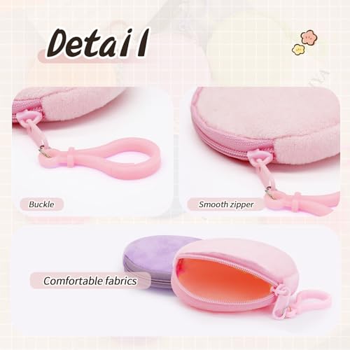 AdiStylinno 2 Pcs Coin Purse, Fashion Soft Plush Round Coin Pouch, Portable Small Change Purse Cute Zip Wallet with Carabiner (Pink and purple) - Image 3
