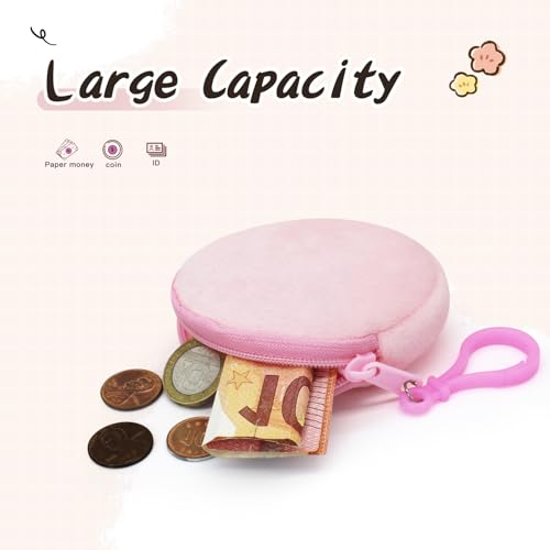 AdiStylinno 2 Pcs Coin Purse, Fashion Soft Plush Round Coin Pouch, Portable Small Change Purse Cute Zip Wallet with Carabiner (Pink and purple) - Image 5