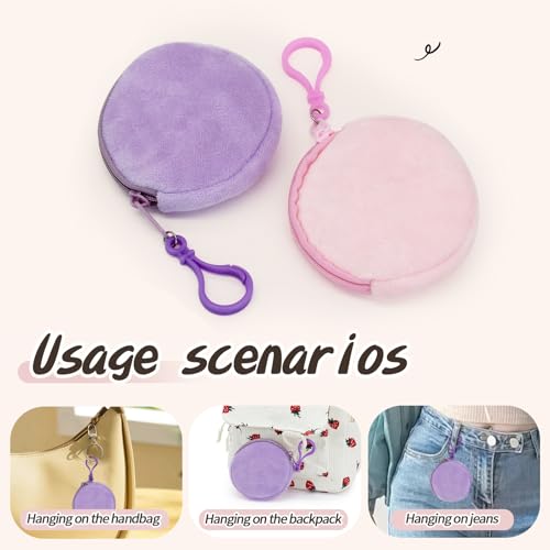 AdiStylinno 2 Pcs Coin Purse, Fashion Soft Plush Round Coin Pouch, Portable Small Change Purse Cute Zip Wallet with Carabiner (Pink and purple) - Image 4