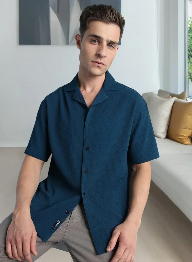Dennis Lingo Navy Relaxed Fit Cuban Collar Half Sleeve Shirt For Men Crafted From Premium Fabric Cotton Poly