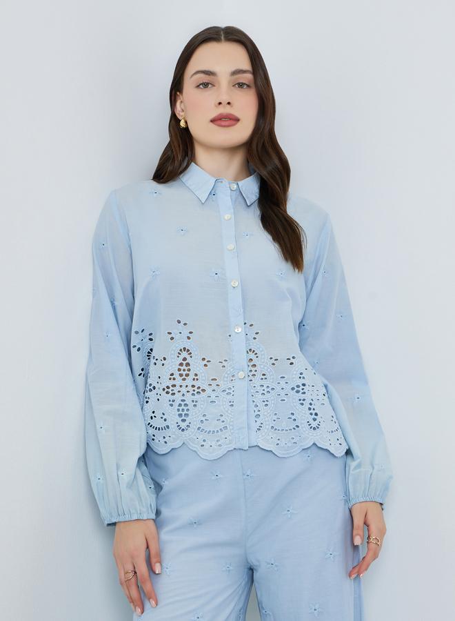 Styli Women Blue Schiffli Long Sleeve Shirt - Image 1