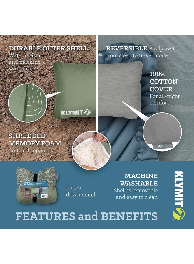 Klymit Drift Camping Pillow Shredded Memory Foam Travel Pillow with Reversible Cover for Outdoor Use Green Regular - Image 2