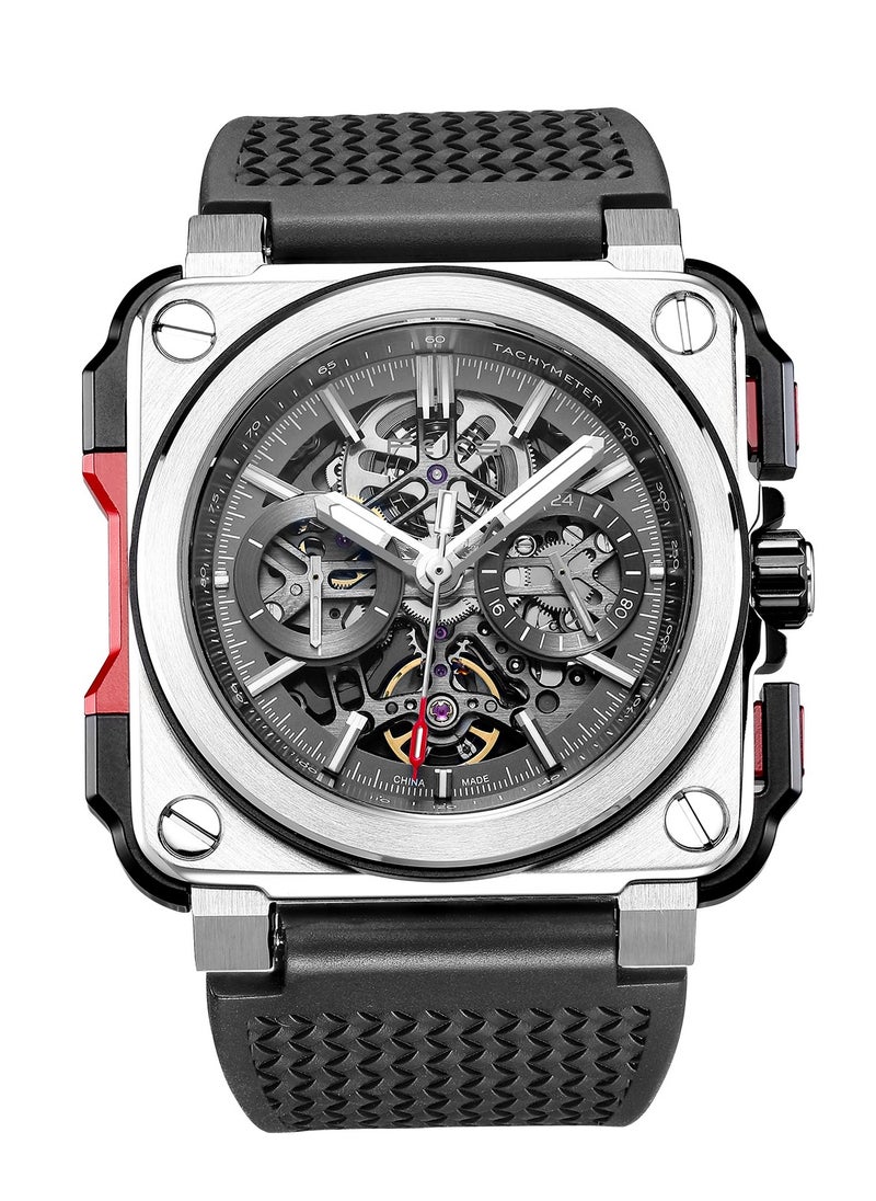 FEICE Men's Mechanical Skeleton Watch – Sport Chronograph Square Dial – Rubber Strap – Luminous Hands – Automatic Movement  - Image 1