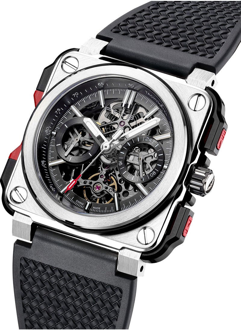 FEICE Men's Mechanical Skeleton Watch – Sport Chronograph Square Dial – Rubber Strap – Luminous Hands – Automatic Movement  - Image 2