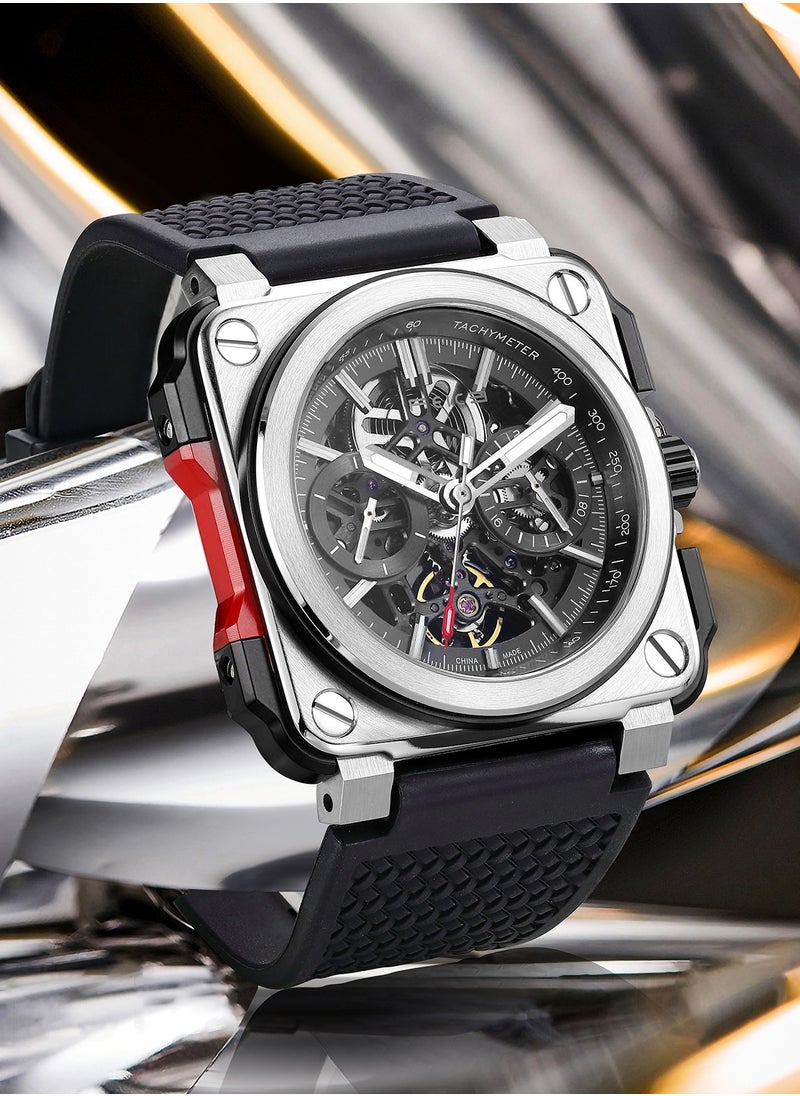 FEICE Men's Mechanical Skeleton Watch – Sport Chronograph Square Dial – Rubber Strap – Luminous Hands – Automatic Movement  - Image 3