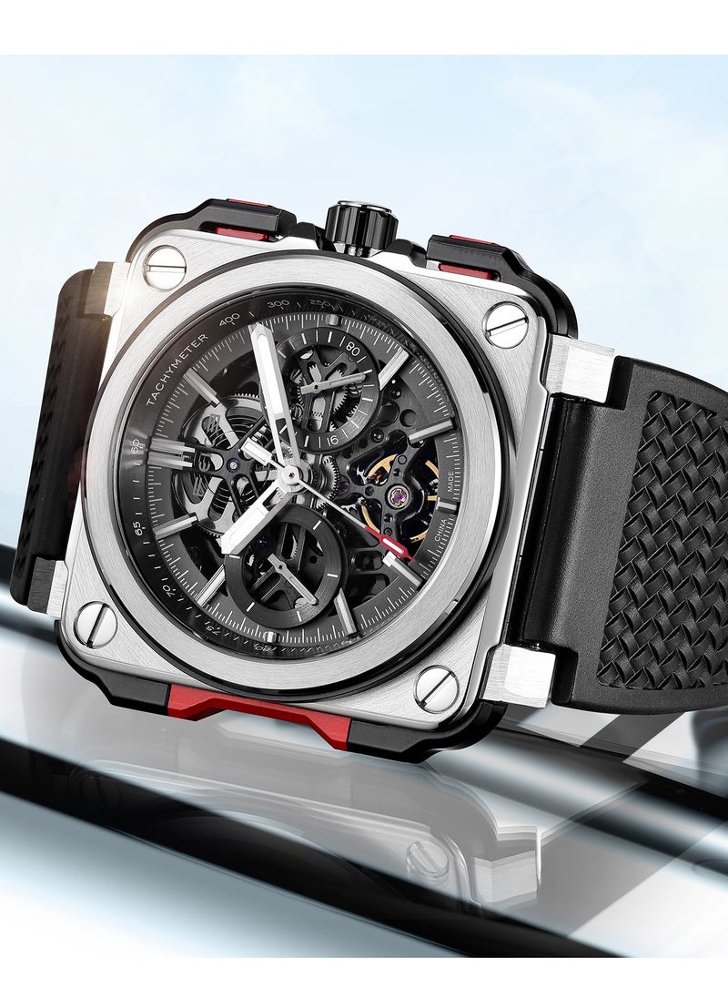 FEICE Men's Mechanical Skeleton Watch – Sport Chronograph Square Dial – Rubber Strap – Luminous Hands – Automatic Movement  - Image 4
