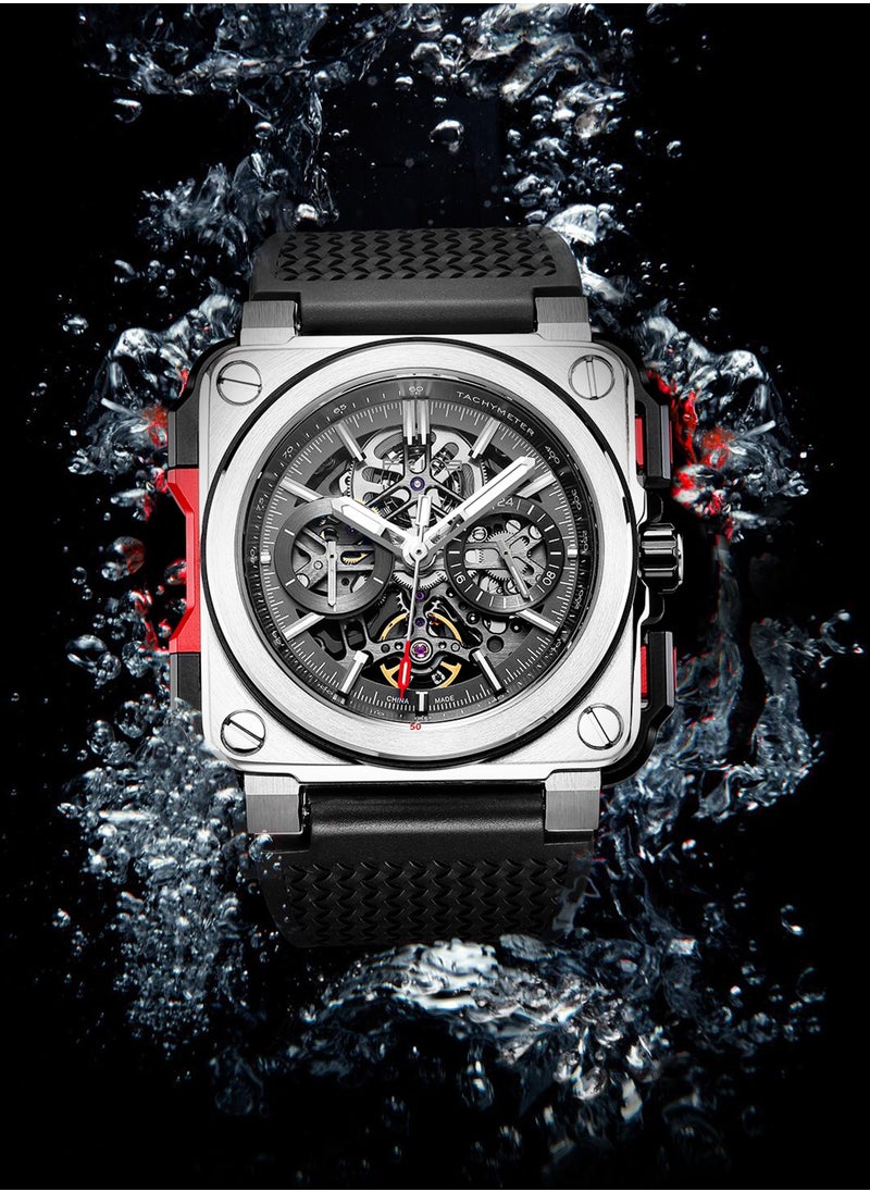 FEICE Men's Mechanical Skeleton Watch – Sport Chronograph Square Dial – Rubber Strap – Luminous Hands – Automatic Movement  - Image 5