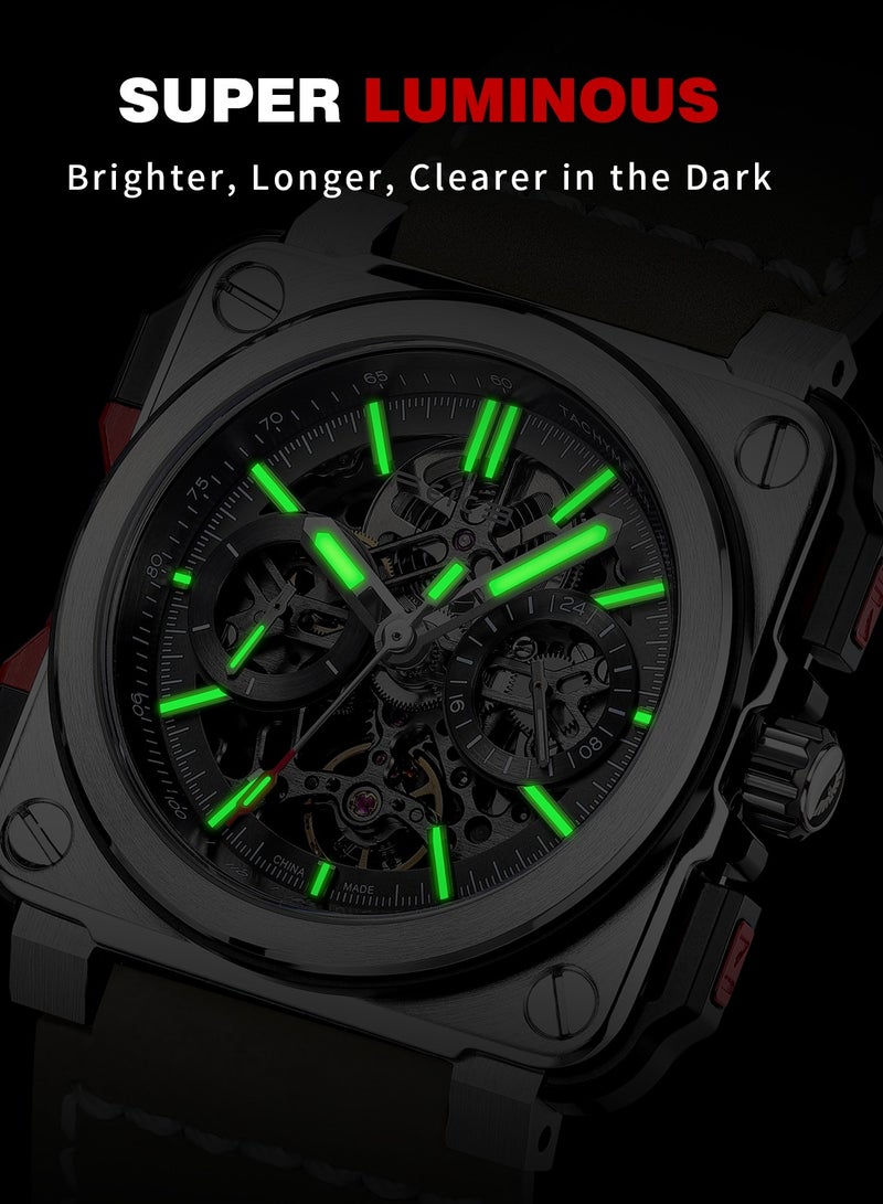 FEICE Men’s Automatic Skeleton Watch – Square Dial, Chronograph, Rubber Strap, Luminous - Image 4