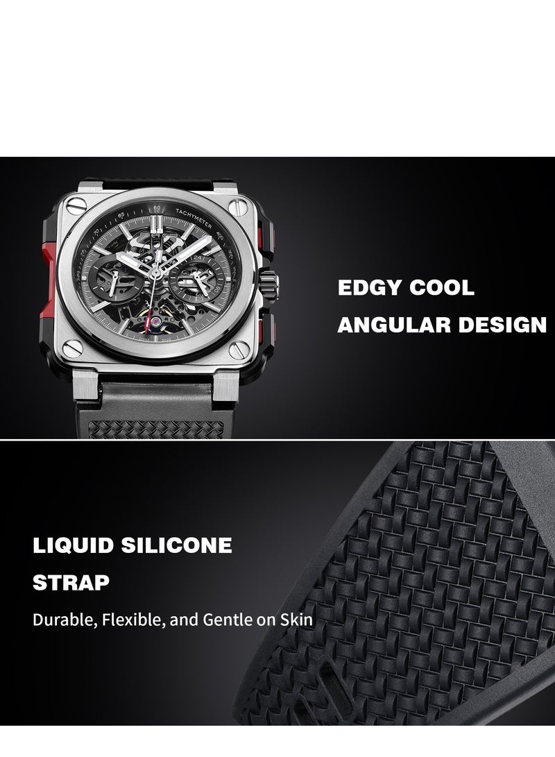 FEICE Men’s Automatic Skeleton Watch – Square Dial, Chronograph, Rubber Strap, Luminous - Image 3