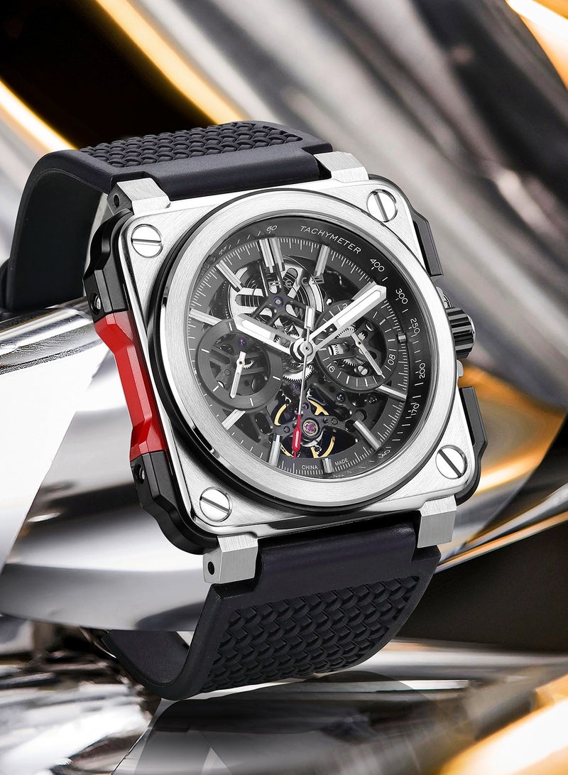 FEICE Men’s Automatic Skeleton Watch – Square Dial, Chronograph, Rubber Strap, Luminous - Image 5