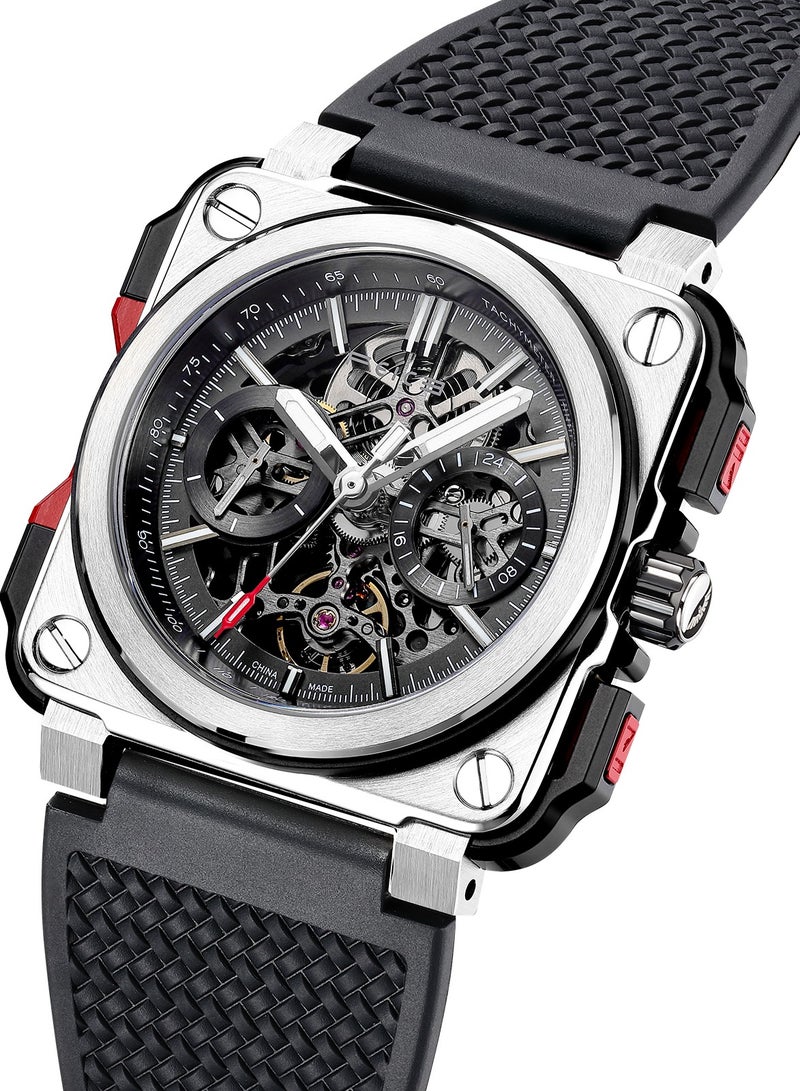 FEICE Men’s Automatic Skeleton Watch – Square Dial, Chronograph, Rubber Strap, Luminous - Image 2
