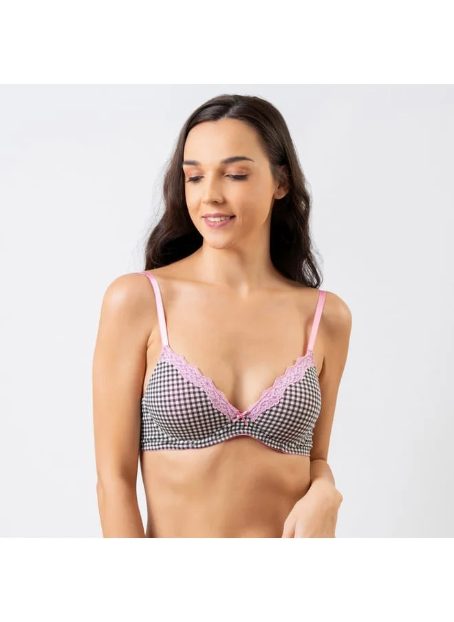 Aadaraya Aadaraya Checked Demi Cup Plunge Bra with Hook and Eye Closure
