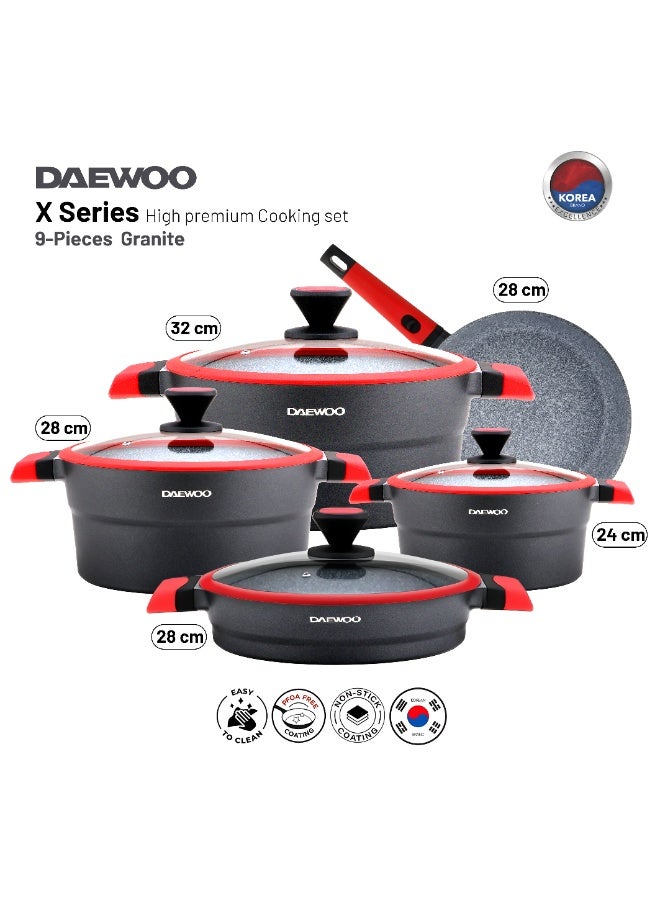 DAEWOO طقم أواني الطهي من دايو 9 قطع - ألمنيوم مصبوب، طلاء غير لاصق من الجرانيت، آمن للاستخدام على الموقد والفرن، خالي من المواد الكيميائية - 32 سم، 28 سم، 24 سم قدر، 28 سم مقلاة بمقبض قابل للإزالة، طاجن ضحل - Image 1
