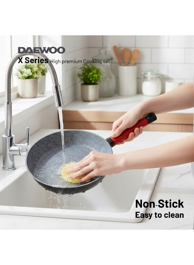 DAEWOO طقم أواني الطهي من دايو 9 قطع - ألمنيوم مصبوب، طلاء غير لاصق من الجرانيت، آمن للاستخدام على الموقد والفرن، خالي من المواد الكيميائية - 32 سم، 28 سم، 24 سم قدر، 28 سم مقلاة بمقبض قابل للإزالة، طاجن ضحل - Image 4