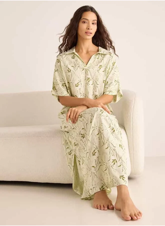 فاف Printed Night Dress with Collar and Short Sleeves