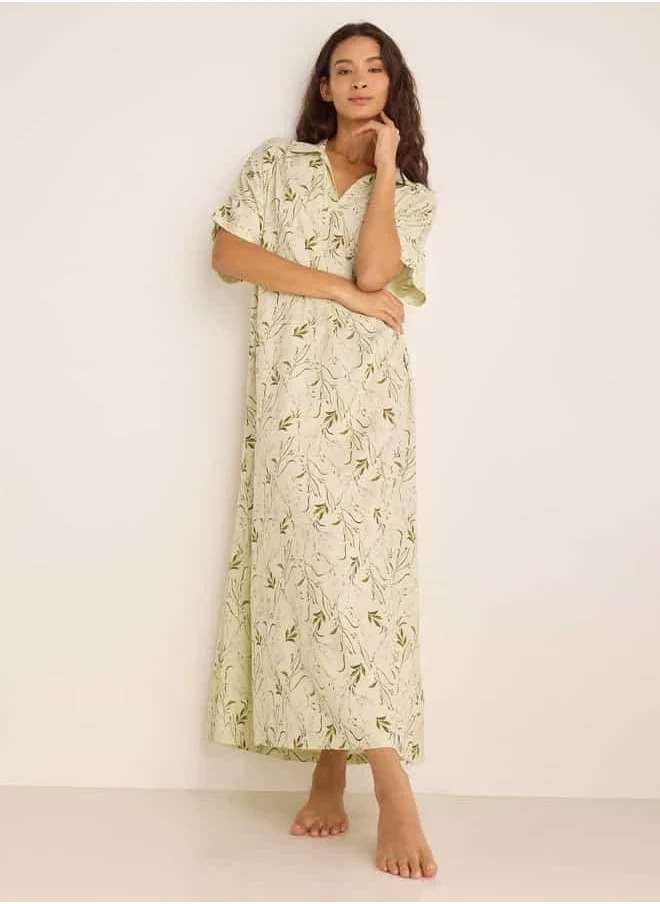 فاف Printed Night Dress with Collar and Short Sleeves