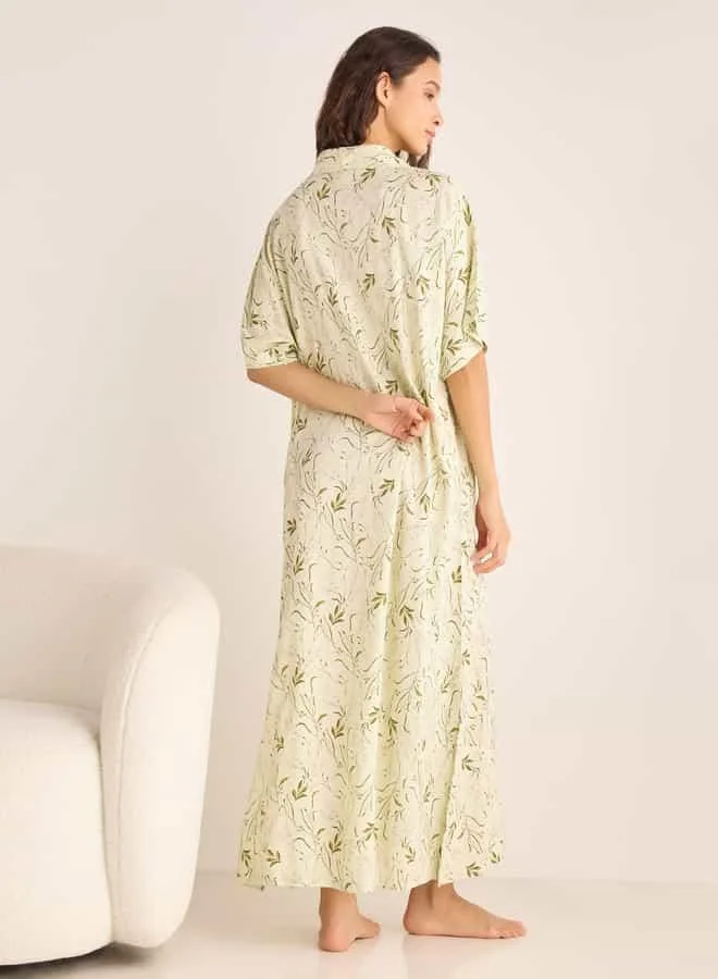 Splash FAV Printed Night Dress with Collar and Short Sleeves