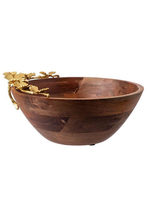 A deep circular bowl of beech wood with a metal butterfly decoration golden color for multiple uses