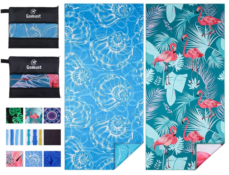 Gomust 2 Pack Lightweight Thin Beach Towel Oversized 71"x32" Big Extra Large Microfiber Sand Free Towels for Adult Quick Dry Travel Camping Beach Accessories Vacation Essential Gift Blue Shell Flamingo - Image 1