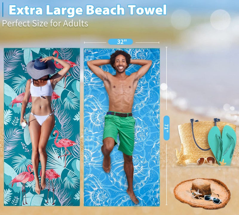 Gomust 2 Pack Lightweight Thin Beach Towel Oversized 71"x32" Big Extra Large Microfiber Sand Free Towels for Adult Quick Dry Travel Camping Beach Accessories Vacation Essential Gift Blue Shell Flamingo - Image 3