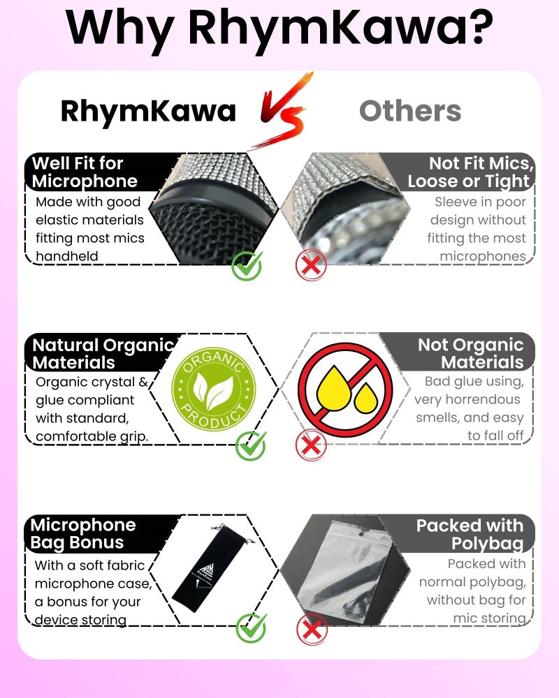 RhymKawa Bling Rhinestone Microphone Handle Sleeve, Sparkly Crystal Mic Cover Skin, Universal Decorative Protector for Wireless Microphones, Karaoke, Party, Wedding, Stage Performance (Pink) - Image 5