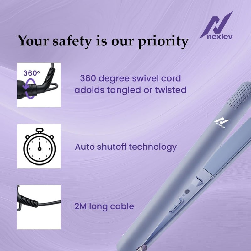 Nexlev Hair Styling Straightener & Curler| 2 in 1 Hair Styler| 200°C in 30 Seconds| Long Ceramic Floating Plates| Rounded Body for Curls| Plate lock| Portable |HS-02, Hair Straightener Tong - Purple - Image 5