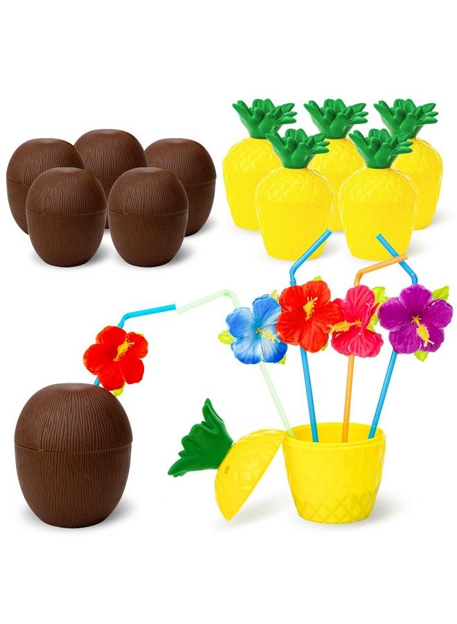 FuturePlusX Tropical Pineapple Coconut Cups 12Pcs Tropical Hawaiian Flavor Cups With Lids And Straws For Party Carnival Celebrations Birthday Hawaiian Parties - Image 2