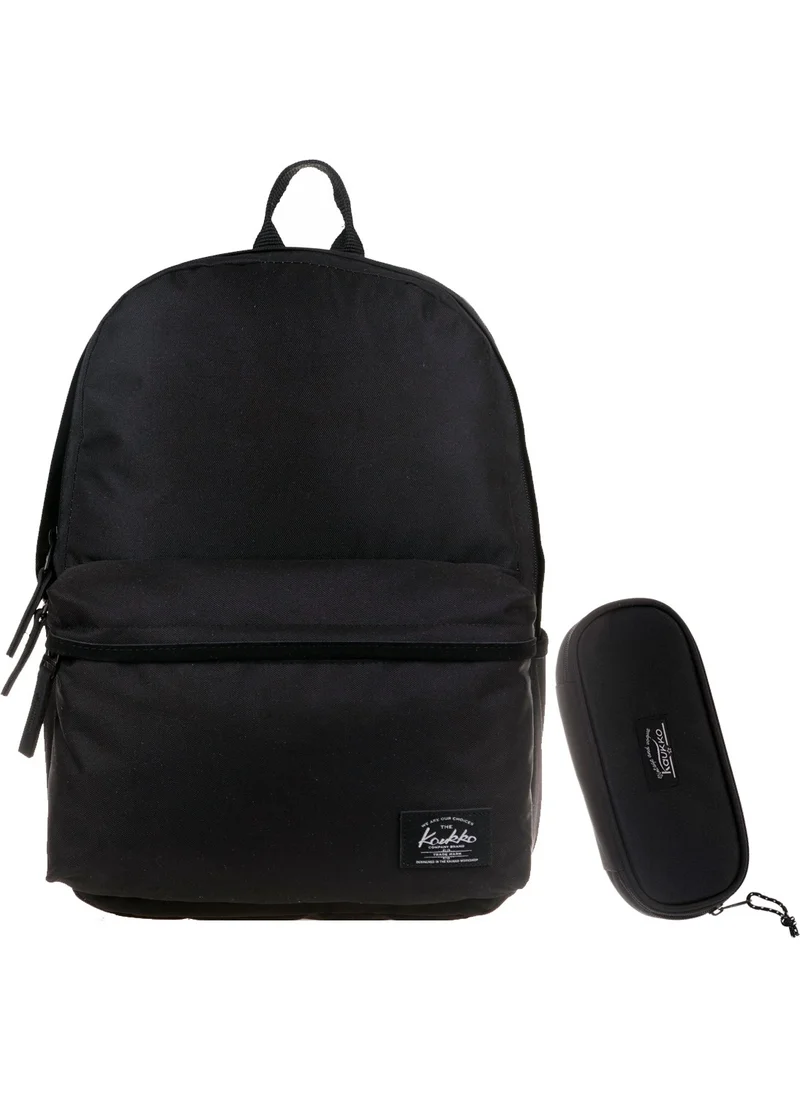 KAUKKO 2 Piece Set Basic Black Backpack and Pencil Bag