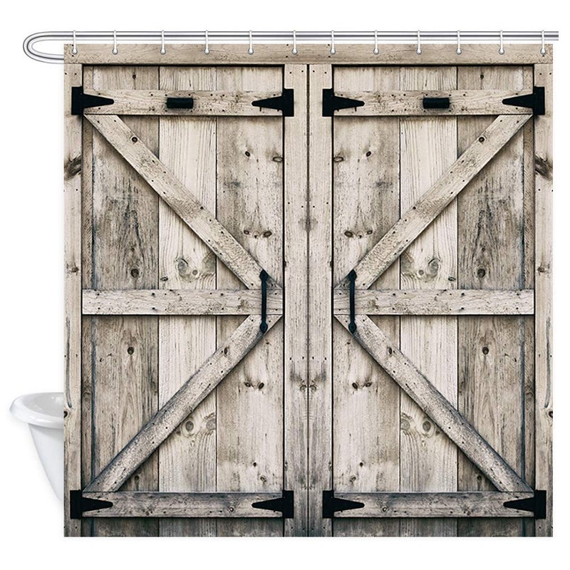 NYMB Rustic Wooden Vintage Farmhouse Country Barn Door Shower Curtain with 12 Hooks, Waterproof Garage Cabin Shower Curtain, 69X70in - Image 3