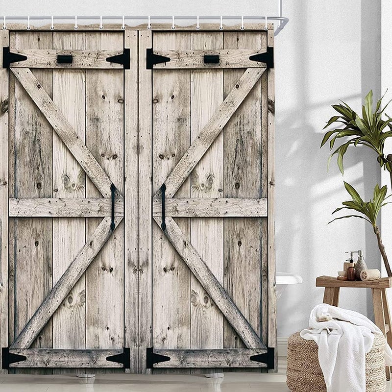 NYMB Rustic Wooden Vintage Farmhouse Country Barn Door Shower Curtain with 12 Hooks, Waterproof Garage Cabin Shower Curtain, 69X70in - Image 2