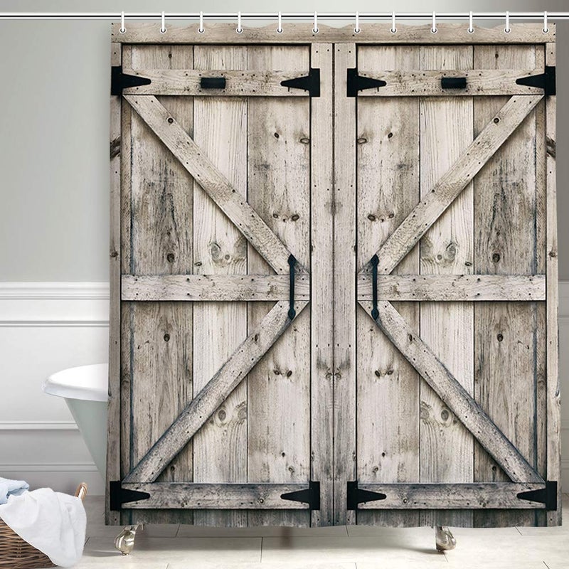NYMB Rustic Wooden Vintage Farmhouse Country Barn Door Shower Curtain with 12 Hooks, Waterproof Garage Cabin Shower Curtain, 69X70in - Image 4