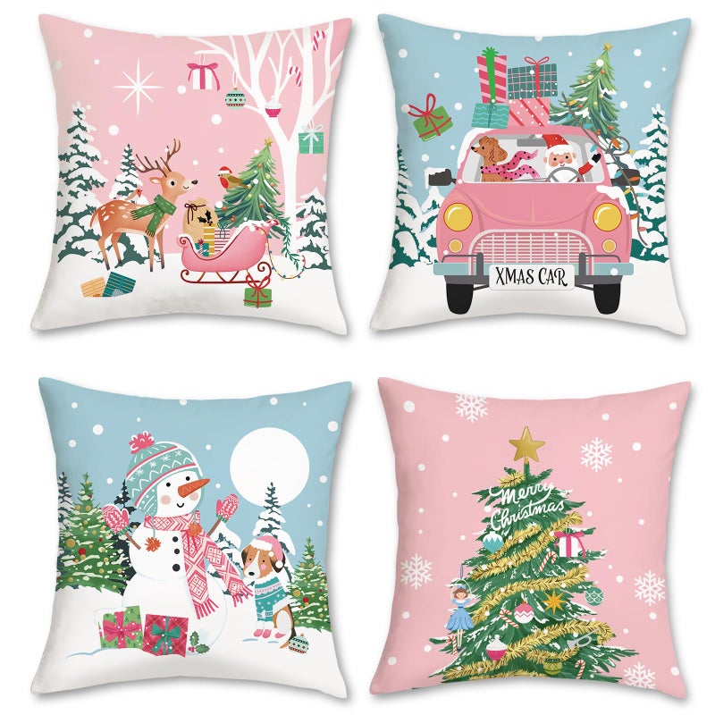 Bonhause Blue Pink Christmas Throw Pillow Covers 18 x 18 Inch Reindeer Snowman Xmas Trees Santa Snow Decorative Pillow Cases for Couch Bed Home Winter Holiday Decor Set of 4 - Image 2