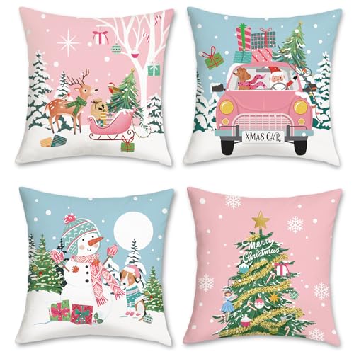 Bonhause Blue Pink Christmas Throw Pillow Covers 18 x 18 Inch Reindeer Snowman Xmas Trees Santa Snow Decorative Pillow Cases for Couch Bed Home Winter Holiday Decor Set of 4 - Image 1