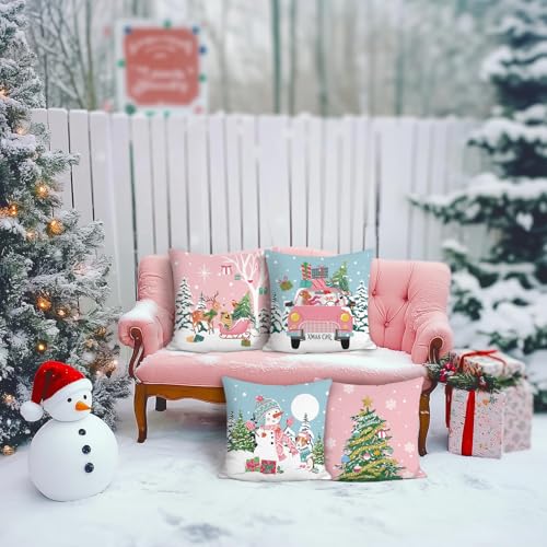 Bonhause Blue Pink Christmas Throw Pillow Covers 18 x 18 Inch Reindeer Snowman Xmas Trees Santa Snow Decorative Pillow Cases for Couch Bed Home Winter Holiday Decor Set of 4 - Image 3