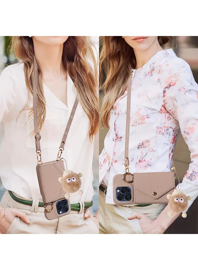 Khaki Leather Wallet Case With Bear Charm For iPhone 11 Pro Max Multi Functional Card Slot Makeup Mirror - Image 2