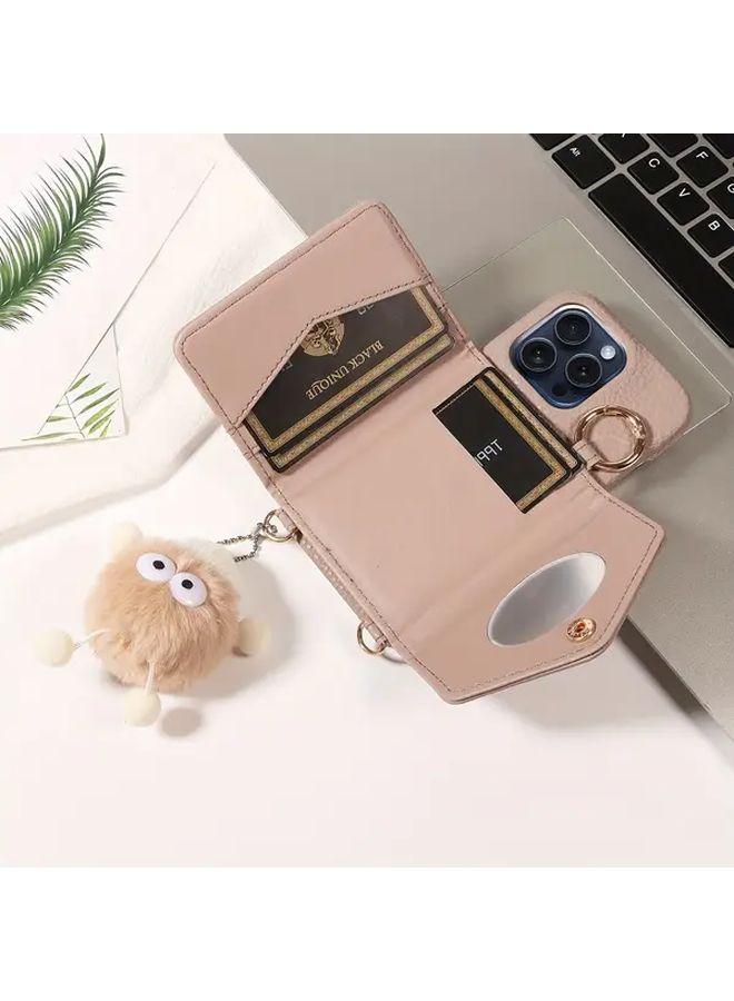 Khaki Leather Wallet Case With Bear Charm For iPhone 11 Pro Max Multi Functional Card Slot Makeup Mirror - Image 3