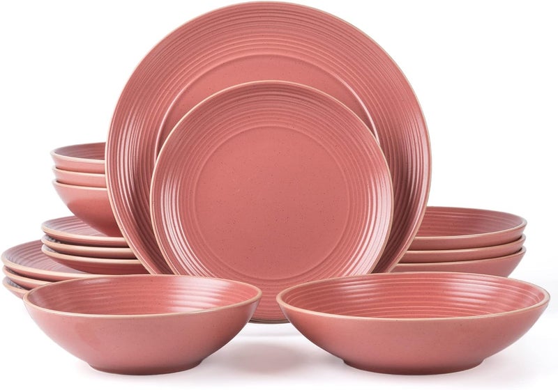 Arora RINGAR Round Stoneware 16pc Double Bowl Dinnerware Set for 4 Dinner Plates Side Plates Cereal Bowls Pasta Bowls  Speckle Matte Red 395438 - Image 1