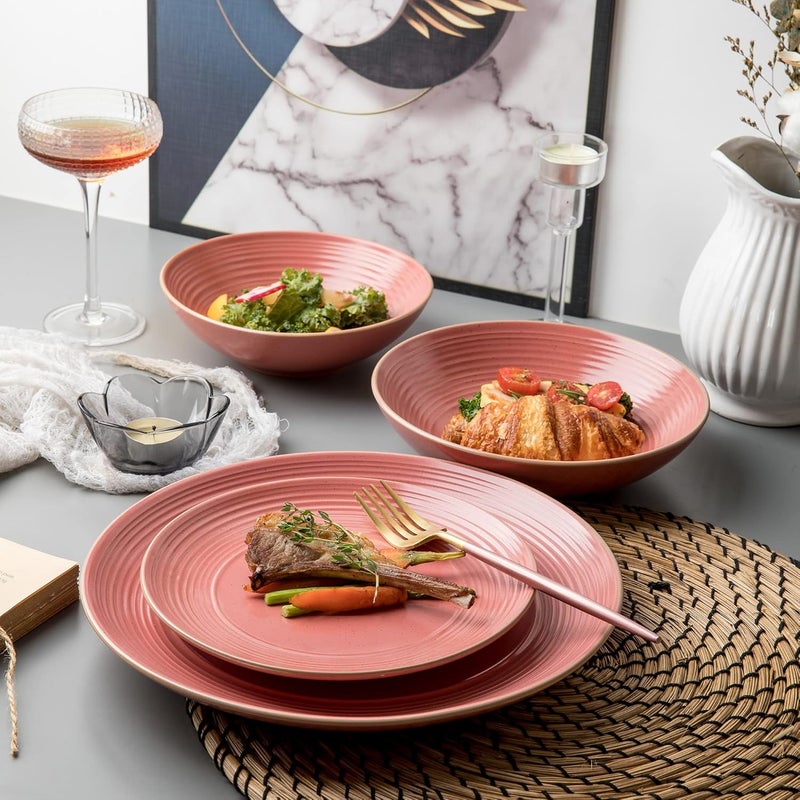 Arora RINGAR Round Stoneware 16pc Double Bowl Dinnerware Set for 4 Dinner Plates Side Plates Cereal Bowls Pasta Bowls  Speckle Matte Red 395438 - Image 4